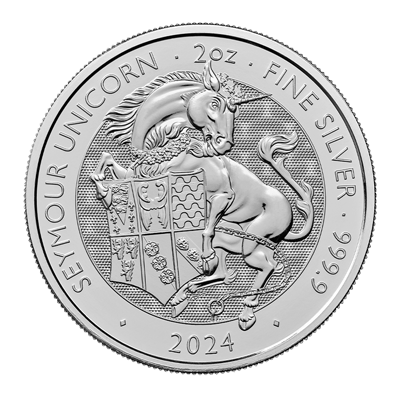 A picture of a 2 oz Tudor Beasts Seymour Unicorn Silver Coin (2024)